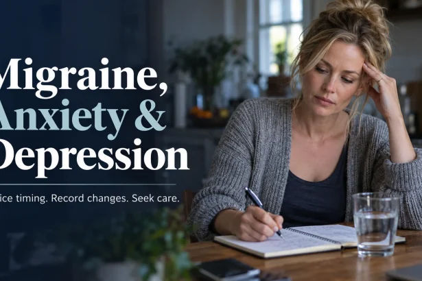 A blonde woman records symptoms in a notebook beside a glass of water.