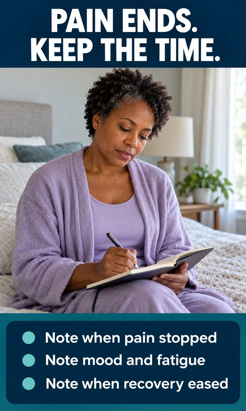 A woman making a brief recovery note after head pain has eased.
