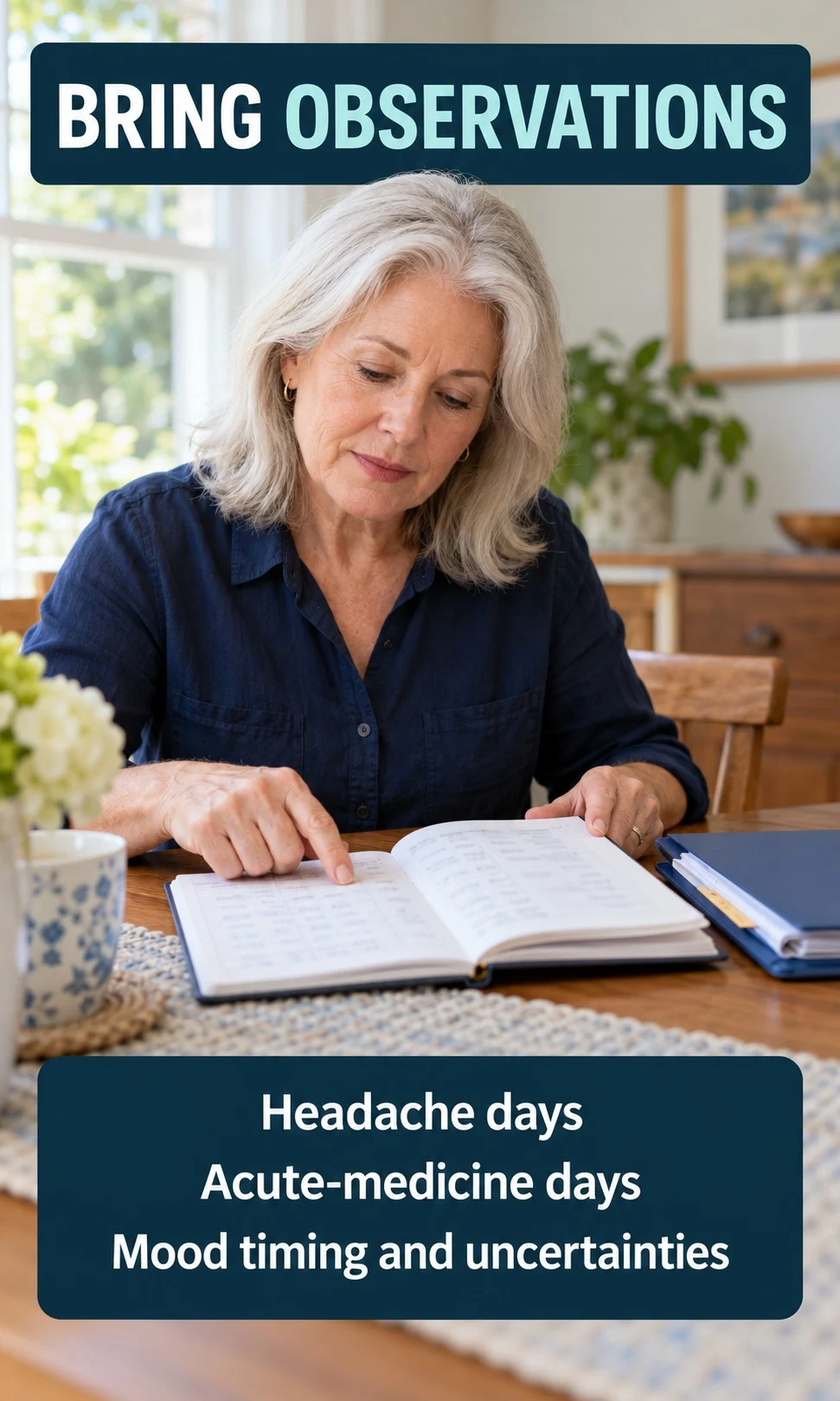A silver-haired woman reviewing her diary and appointment folder.