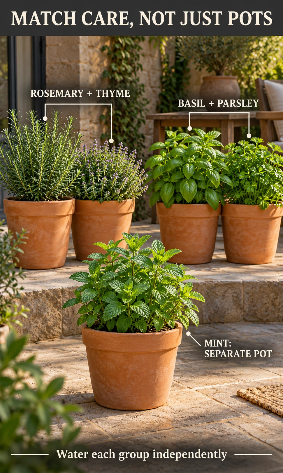 Separate pots of rosemary and thyme beside basil and parsley, with mint in its own container.