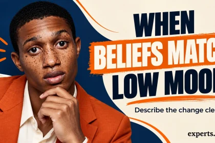 Illustrative man wearing an orange jacket beside the headline When beliefs match low mood.