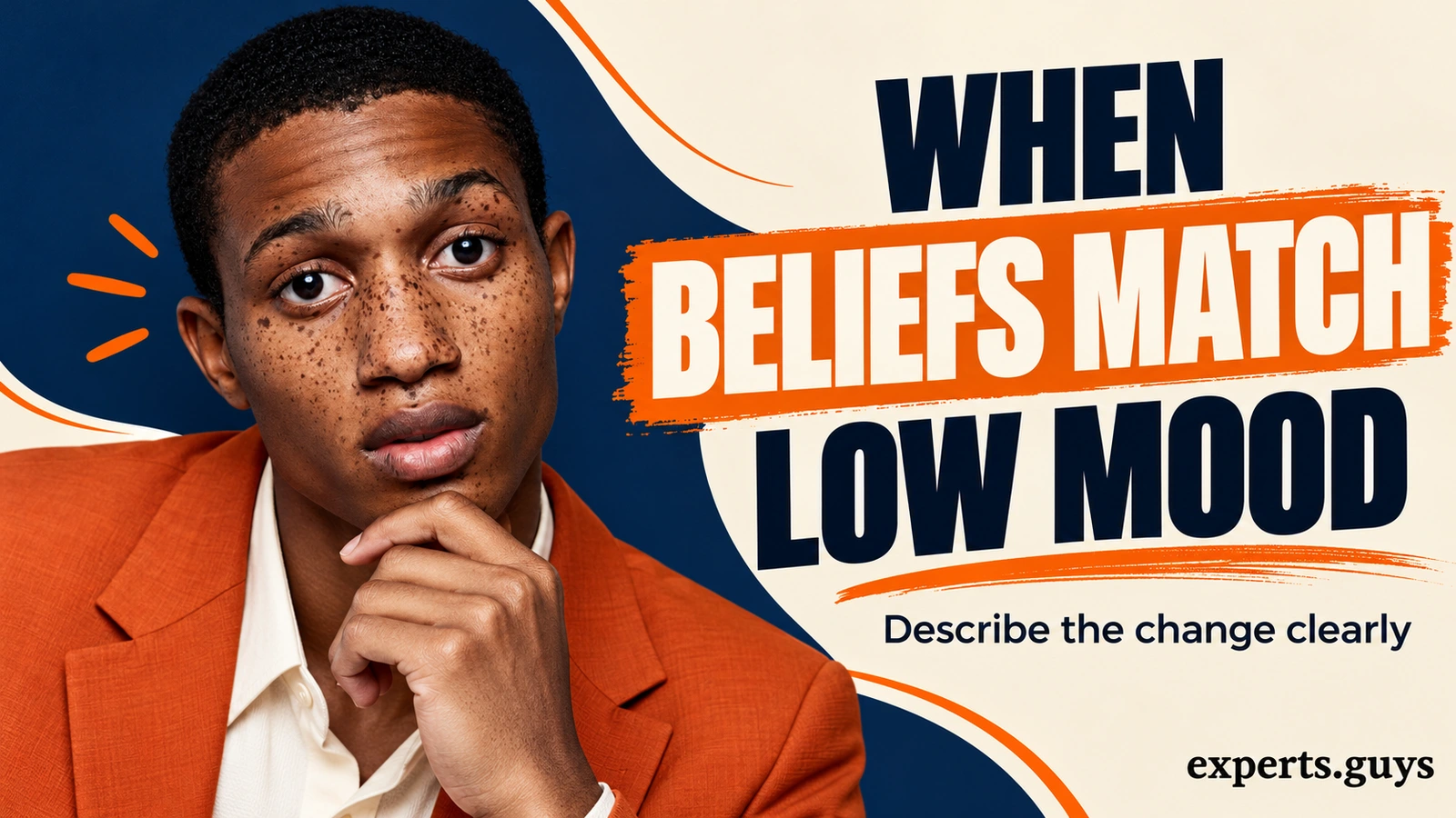 Illustrative man wearing an orange jacket beside the headline When beliefs match low mood.