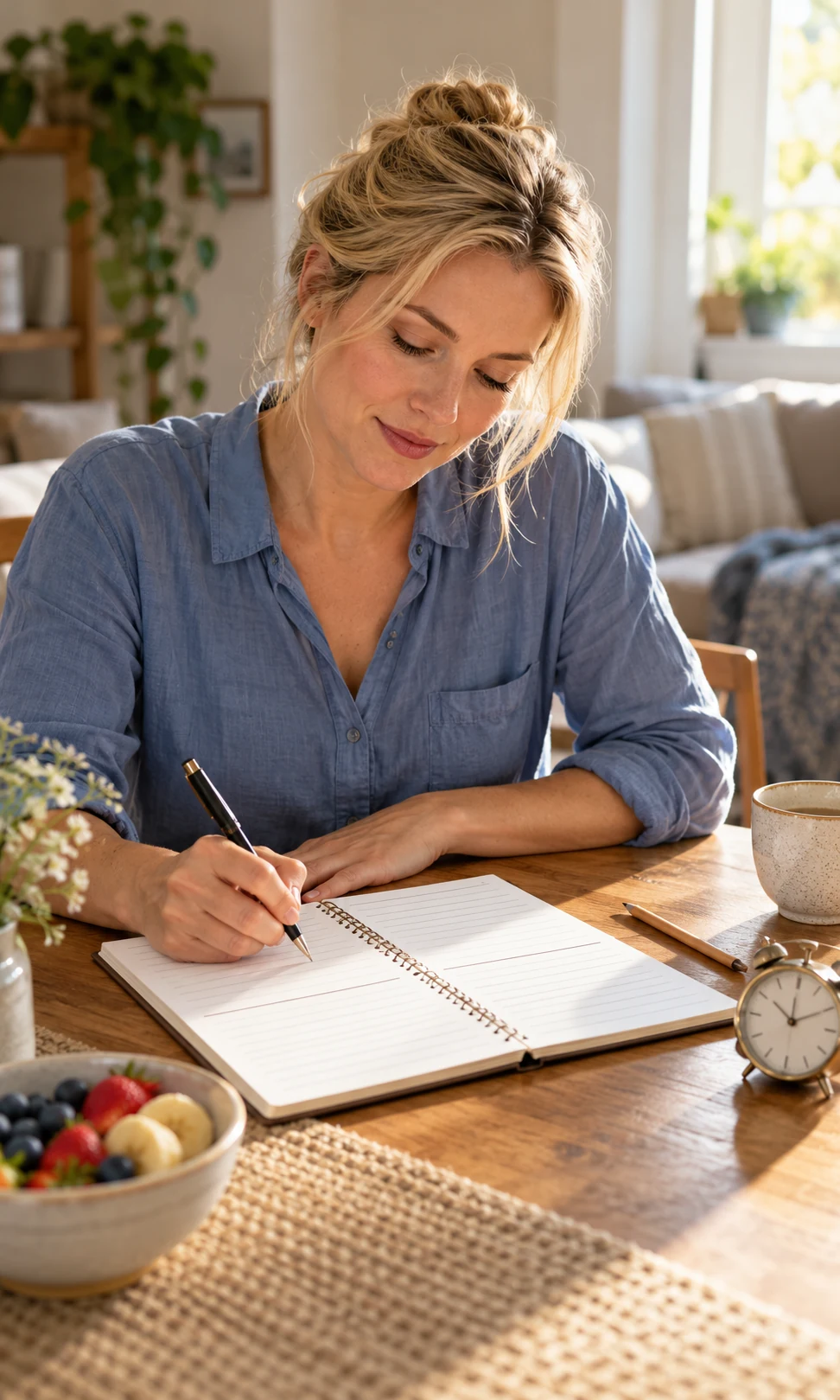 A woman writing a brief notebook entry at home in morning light