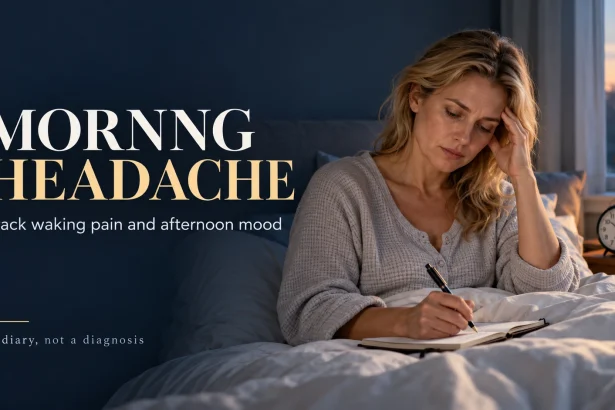 Woman in bed recording a morning headache before getting up.