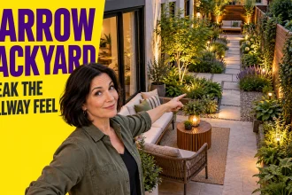 A designer points toward a narrow backyard with compact seating, a planted transition, and a rear bench.
