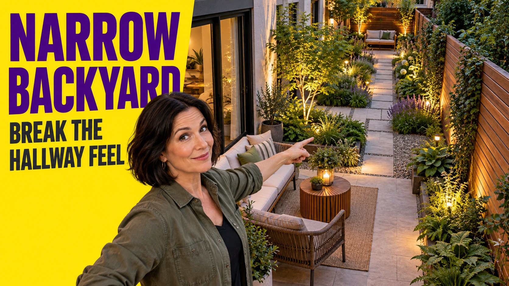 A designer points toward a narrow backyard with compact seating, a planted transition, and a rear bench.