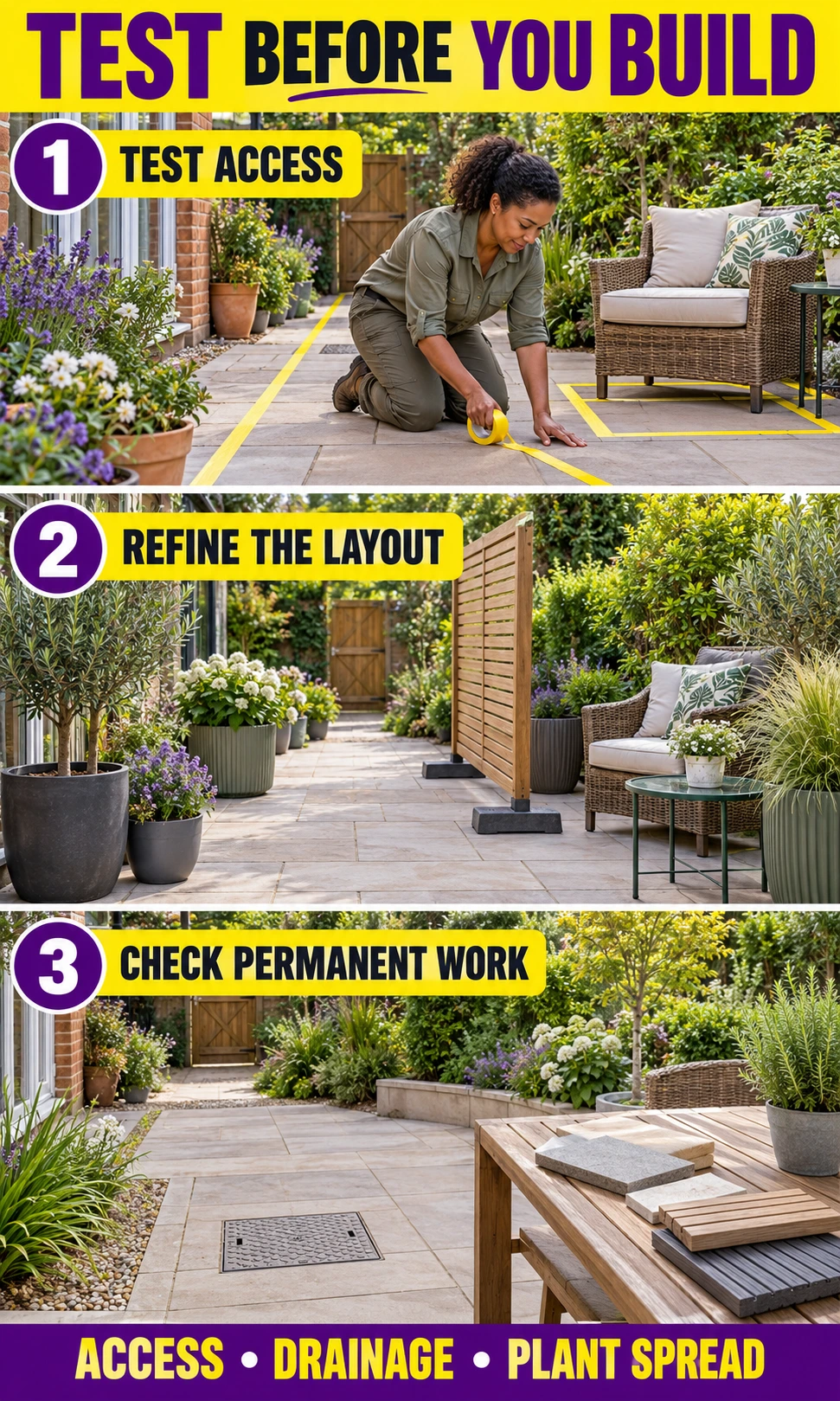 Three stages show a cleared bed, planting and watering, and mulch kept clear of stems.