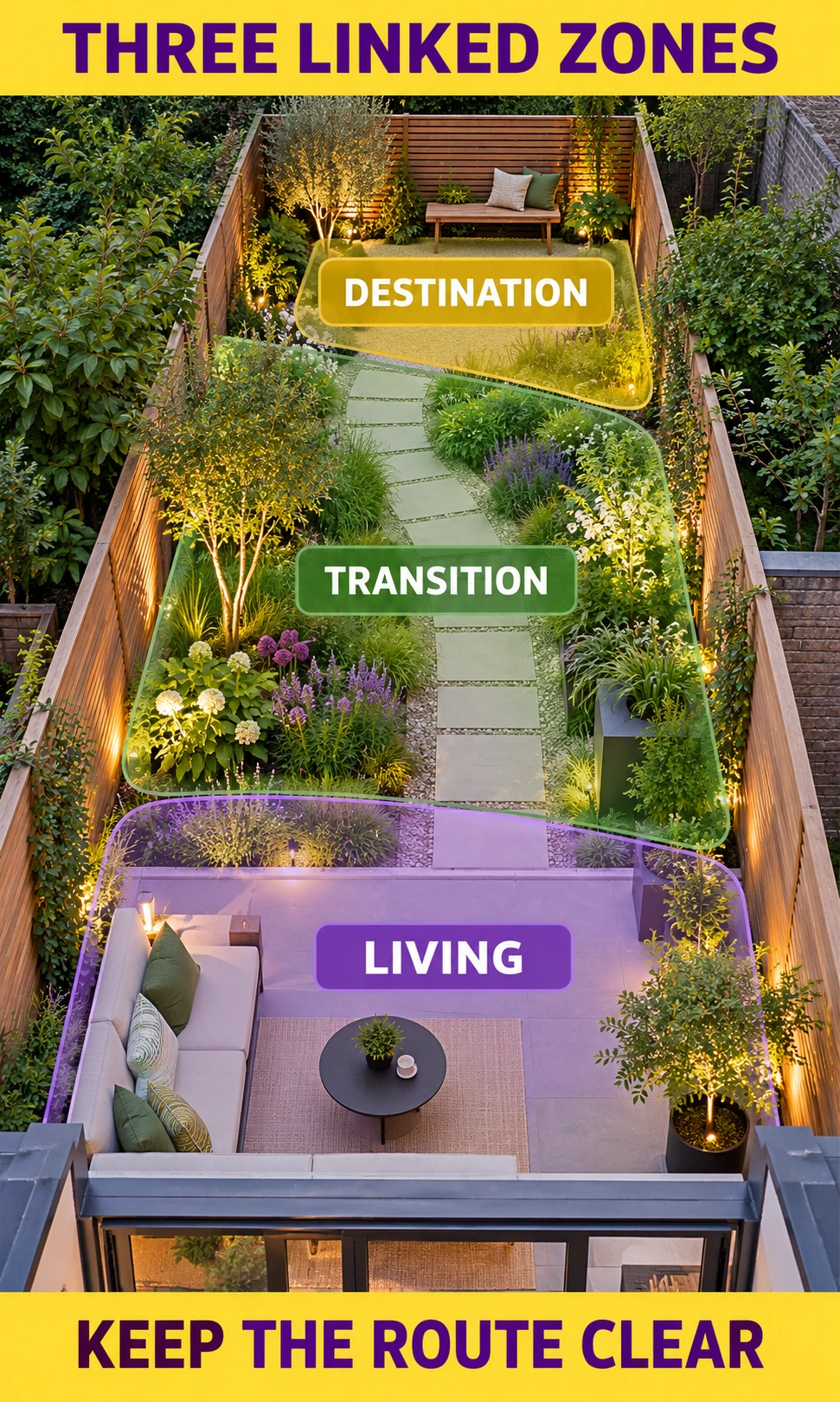 An illustrative narrow backyard with a living area near the house, a planted middle transition, and a rear destination connected by a clear route.