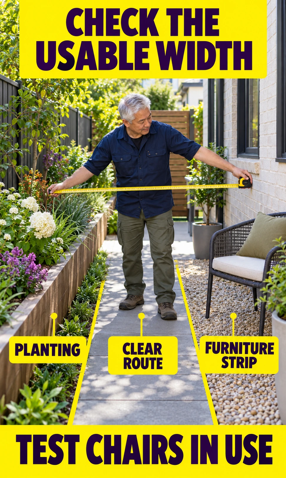 A person measuring a narrow backyard across a planting allowance, clear route, and remaining furniture strip.