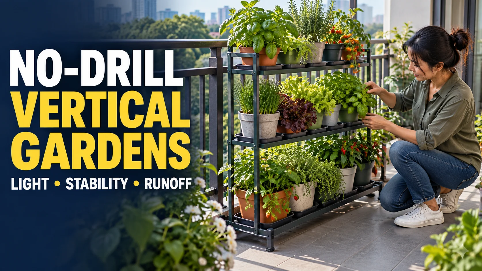 A renter tends herbs on a freestanding balcony rack beside a no-drill vertical gardening headline.
