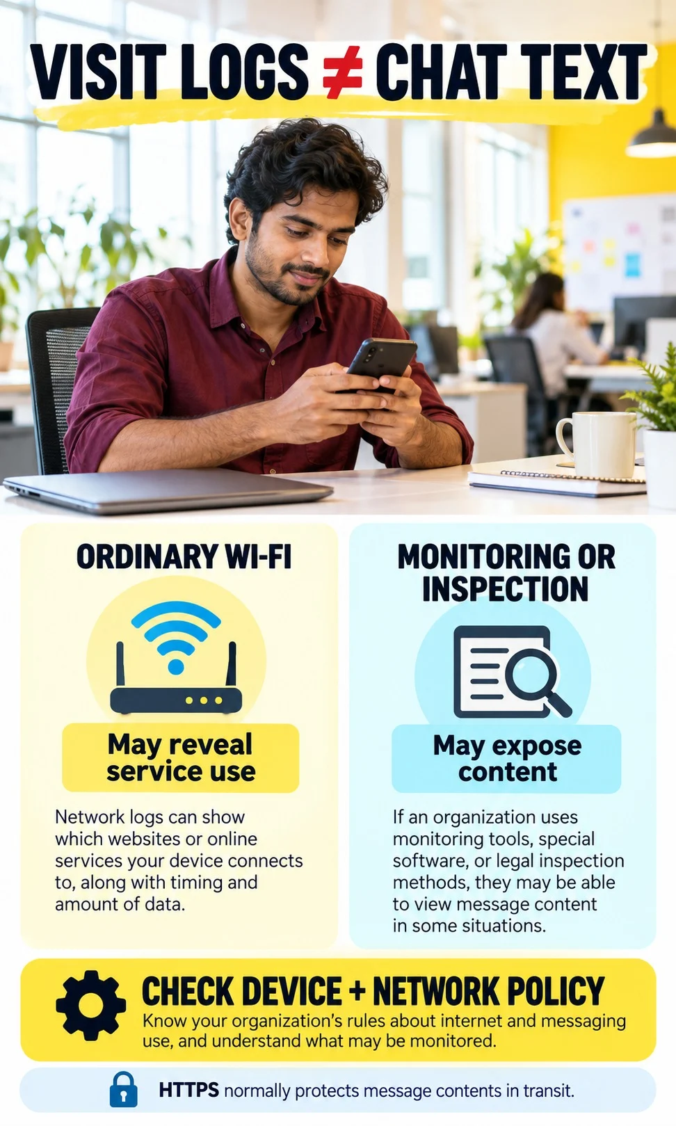 Personal phone on office Wi-Fi with service logs distinguished from content inspection