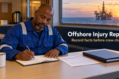Offshore worker writing a personal incident note beside a company form and medical folder.
