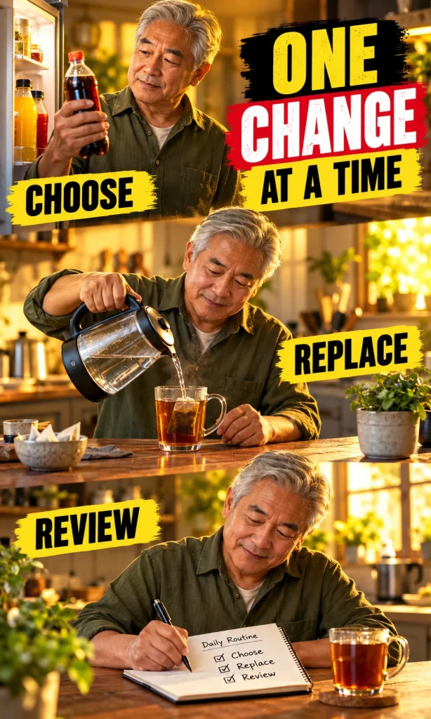 Three-step sequence showing one drink choice, a prepared replacement, and a weekly habit review.