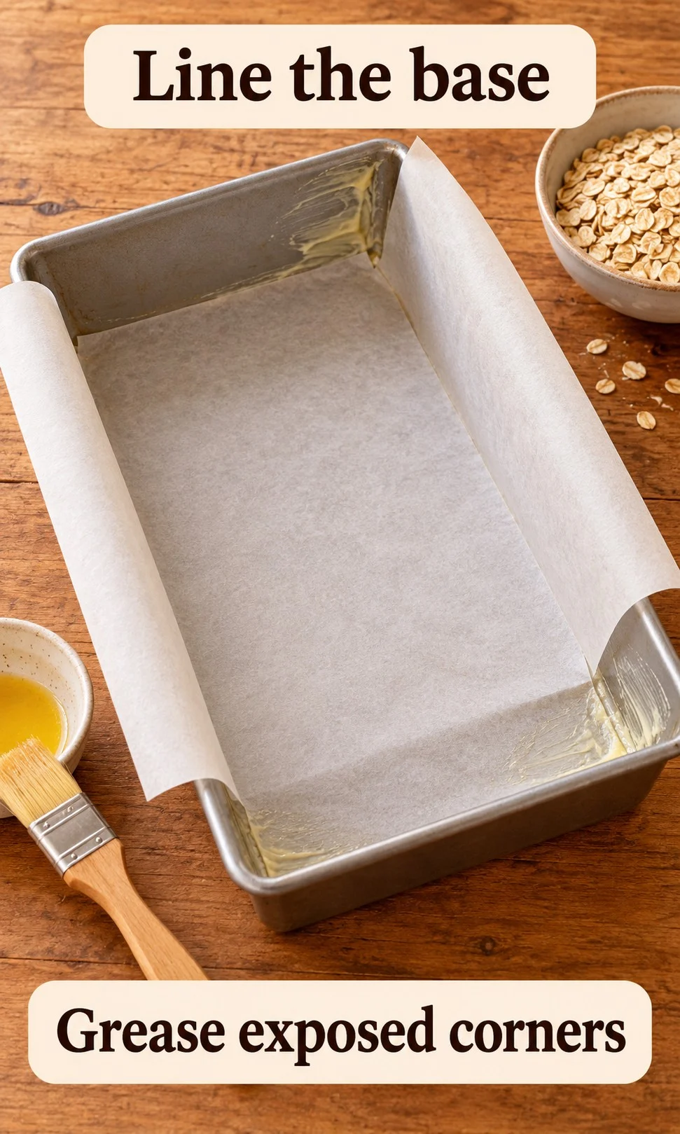 Parchment covers a metal pan base with greased exposed corners.