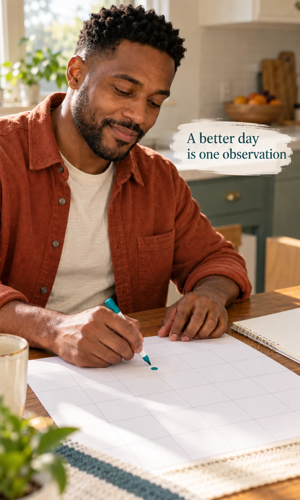 Man marking one better day on a calendar while keeping the surrounding dates visible.