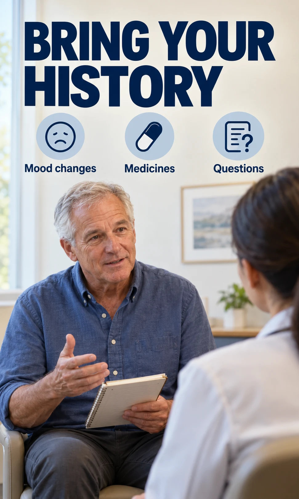 Older man bringing a notebook to a clinical consultation.