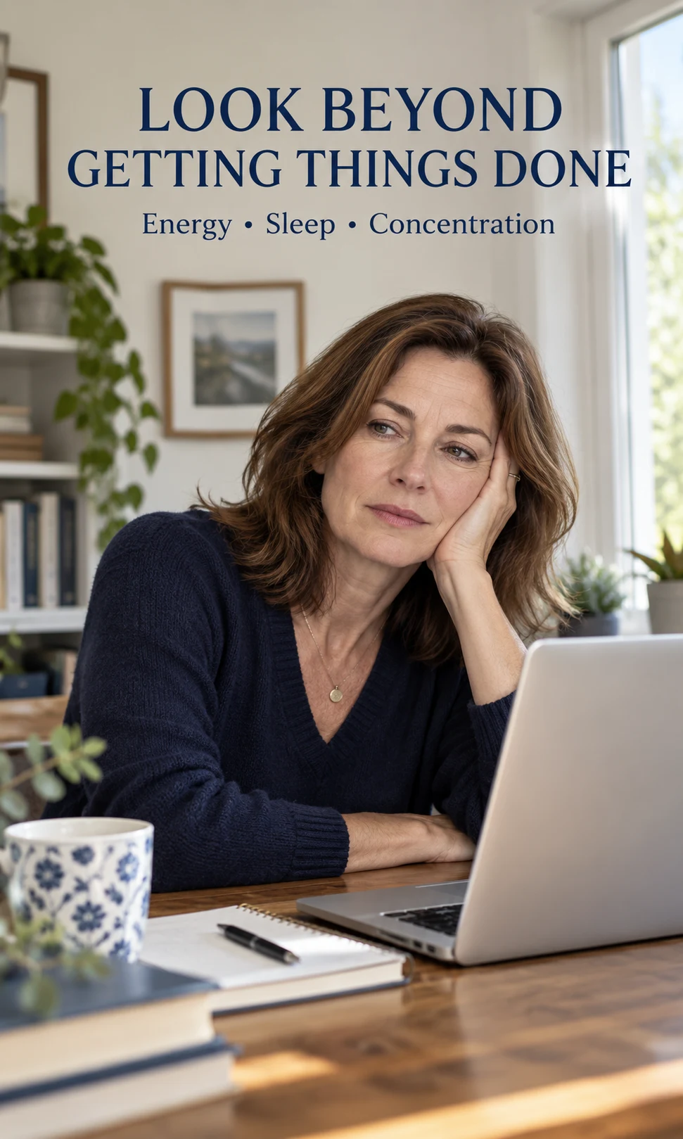Woman at her desk considering energy, sleep, and concentration changes.