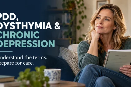 Woman holding an appointment notebook beside a headline about PDD, dysthymia and chronic depression.