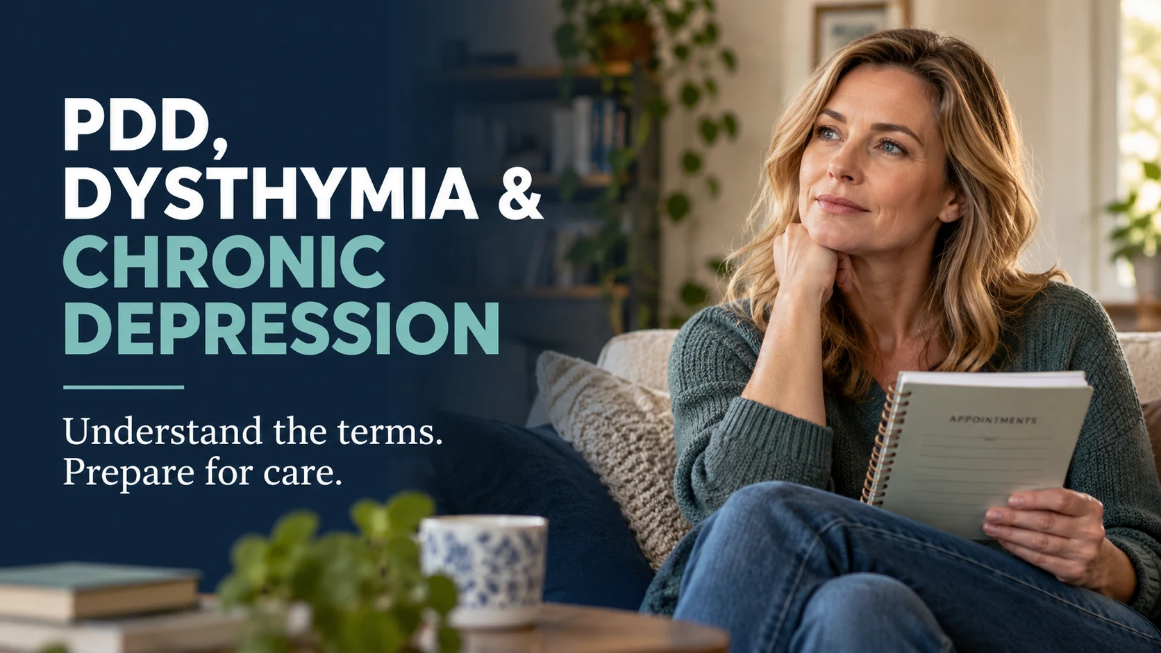 Woman holding an appointment notebook beside a headline about PDD, dysthymia and chronic depression.