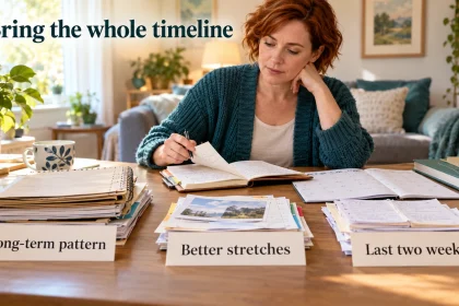 Woman organizing long-term mood notes, better stretches and the last two weeks into separate groups.