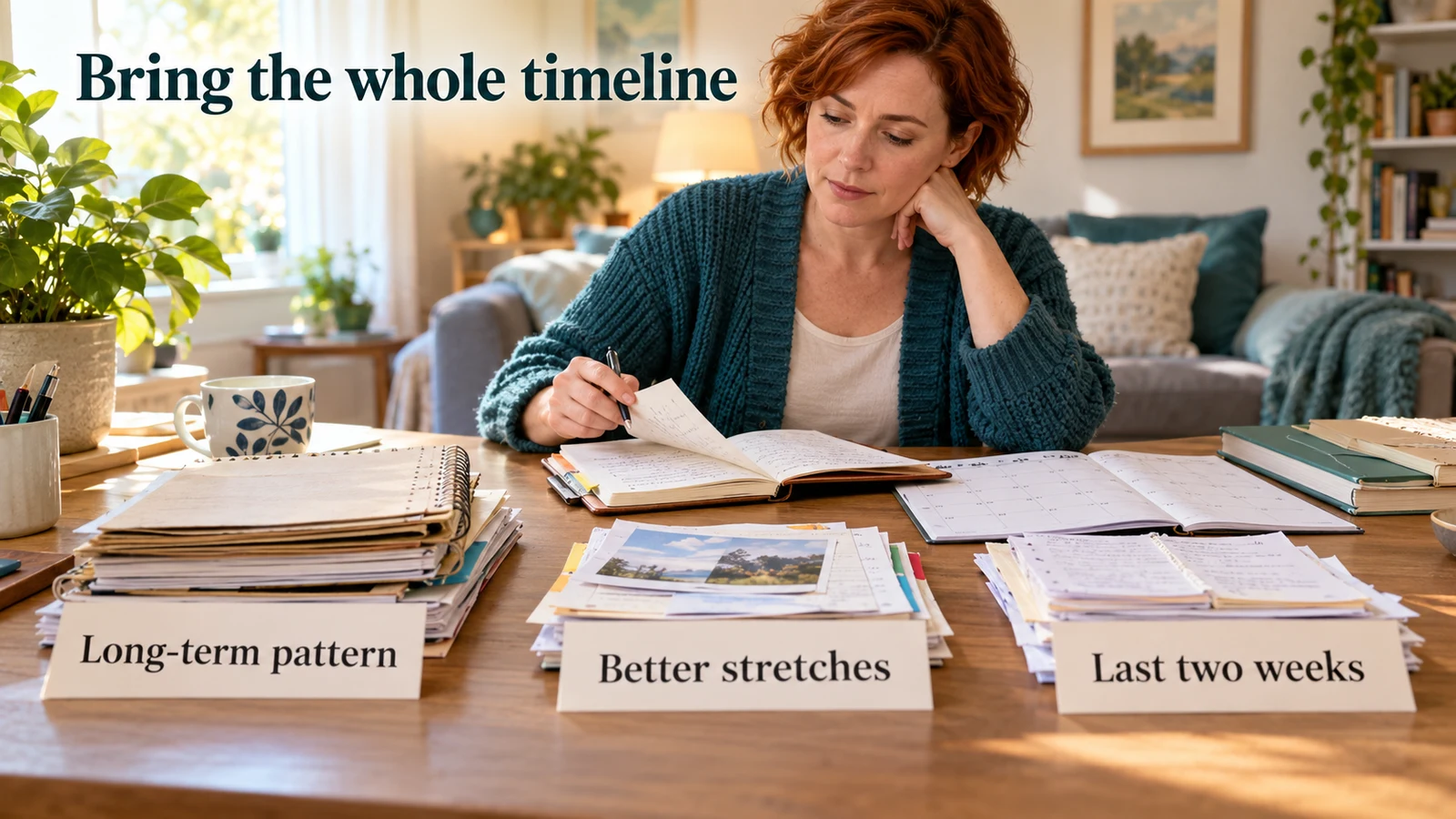 Woman organizing long-term mood notes, better stretches and the last two weeks into separate groups.