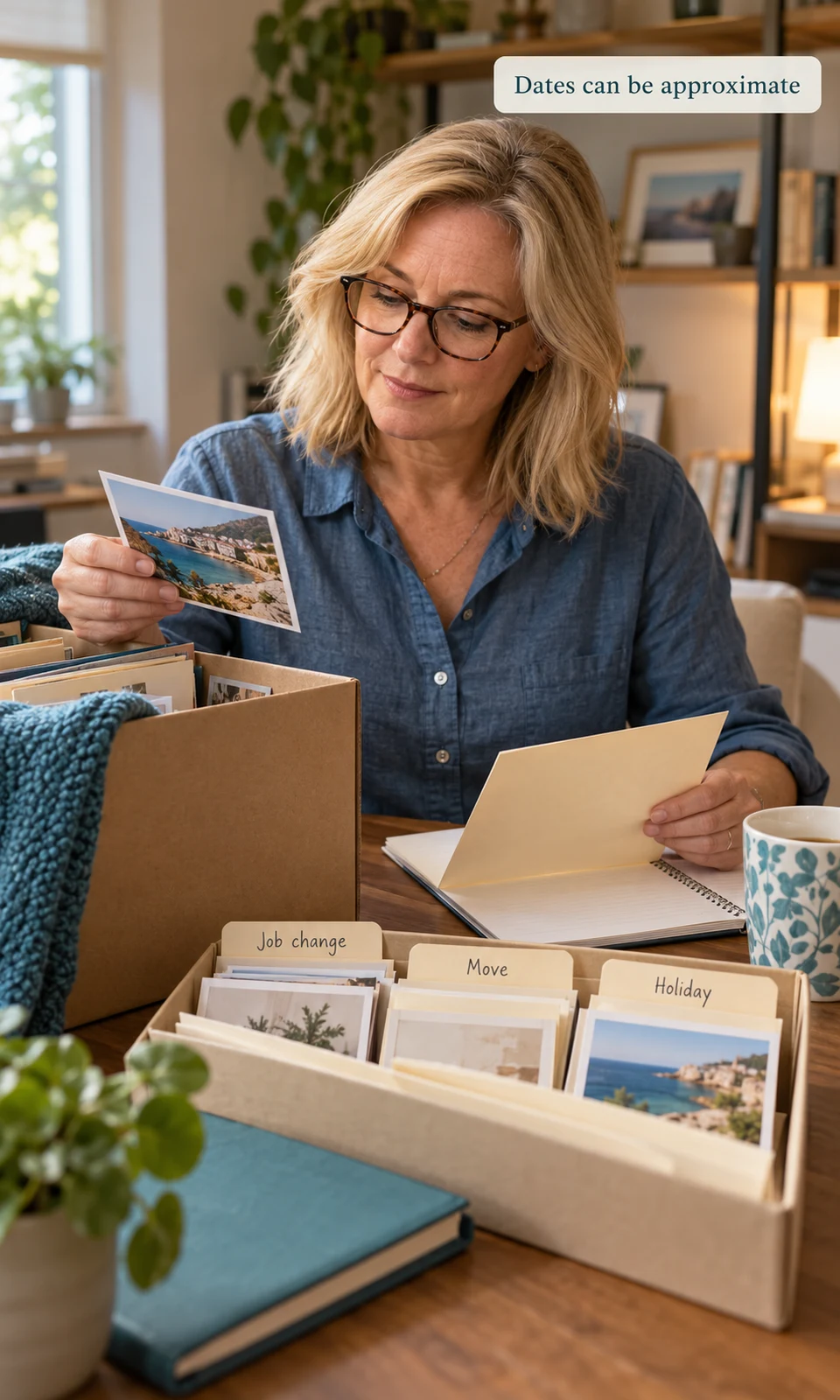 Blond woman reviewing a moving box, work folder and holiday photo to reconstruct a rough mood timeline.