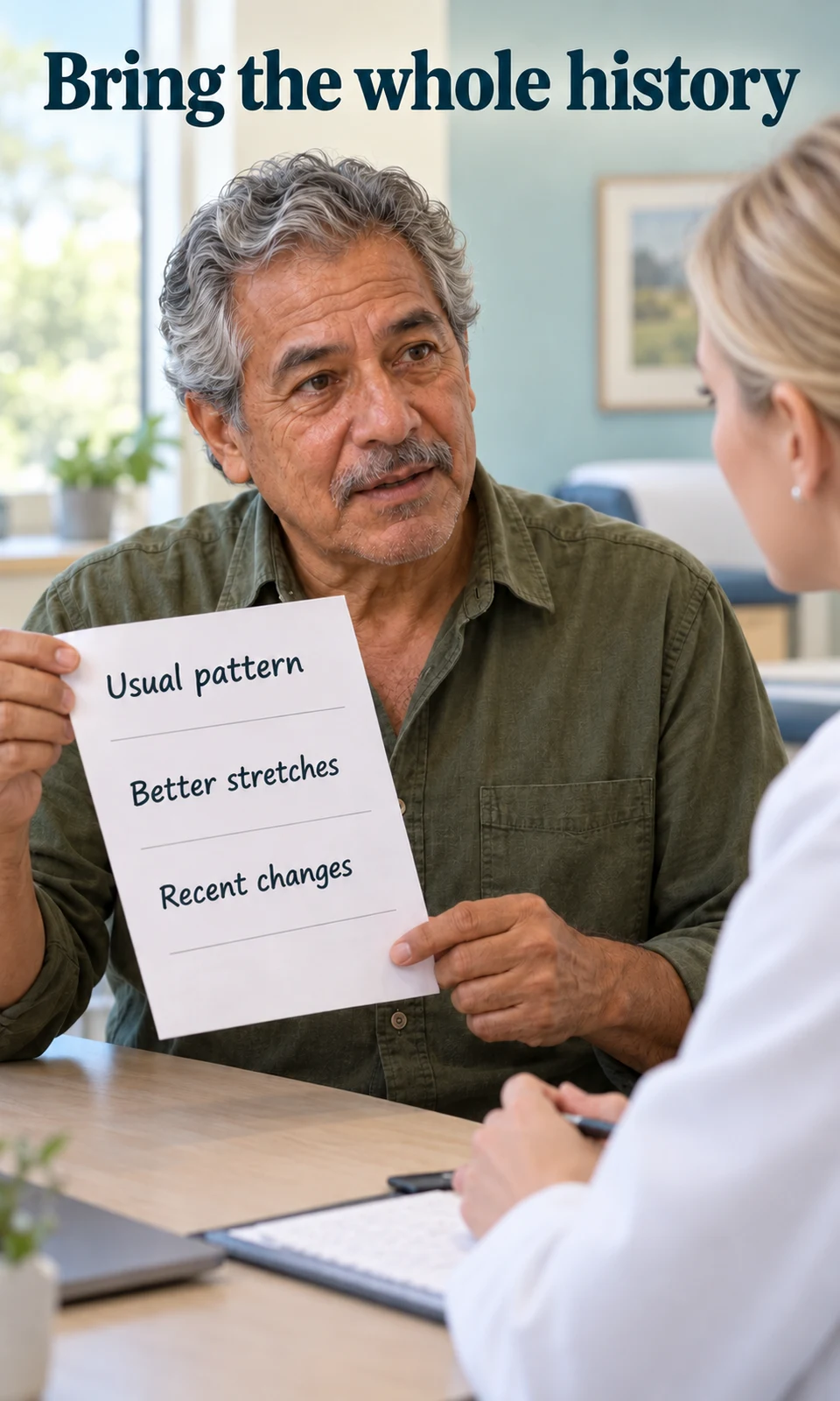 Older man reviewing a short written mood history with a clinician at an appointment.