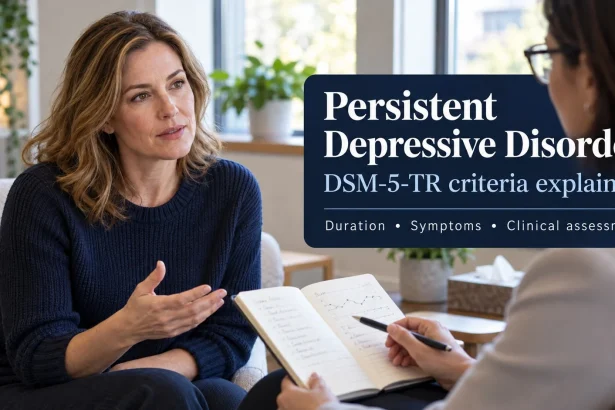 A woman discusses a mood-history notebook with a clinician beside an English DSM-5-TR headline.
