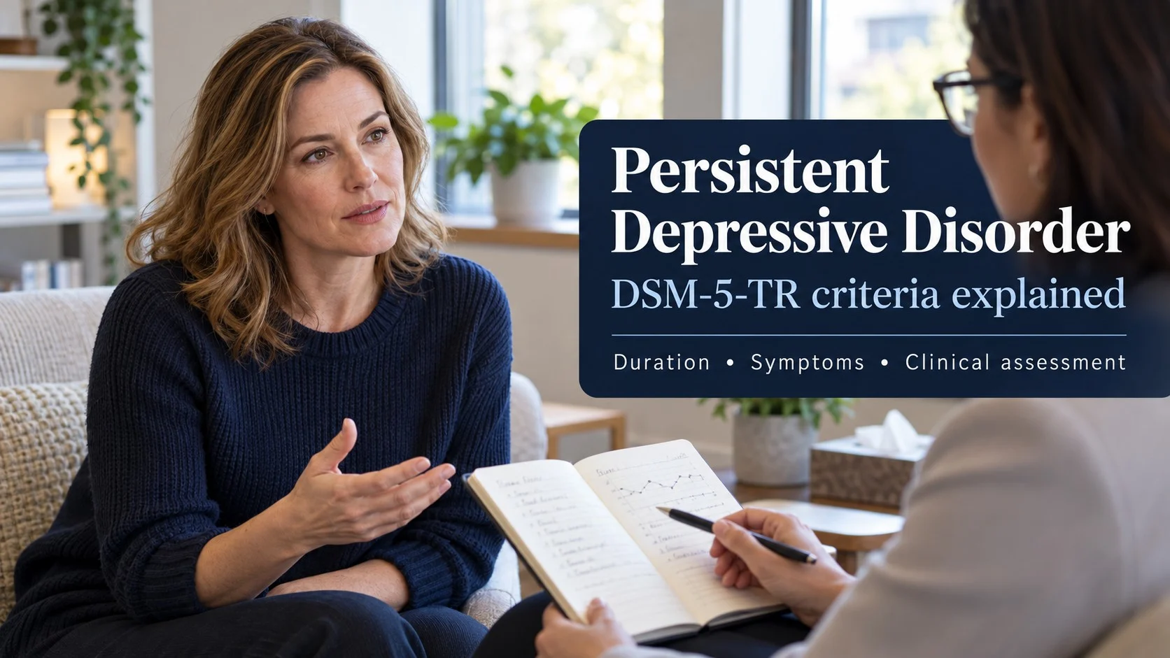 A woman discusses a mood-history notebook with a clinician beside an English DSM-5-TR headline.