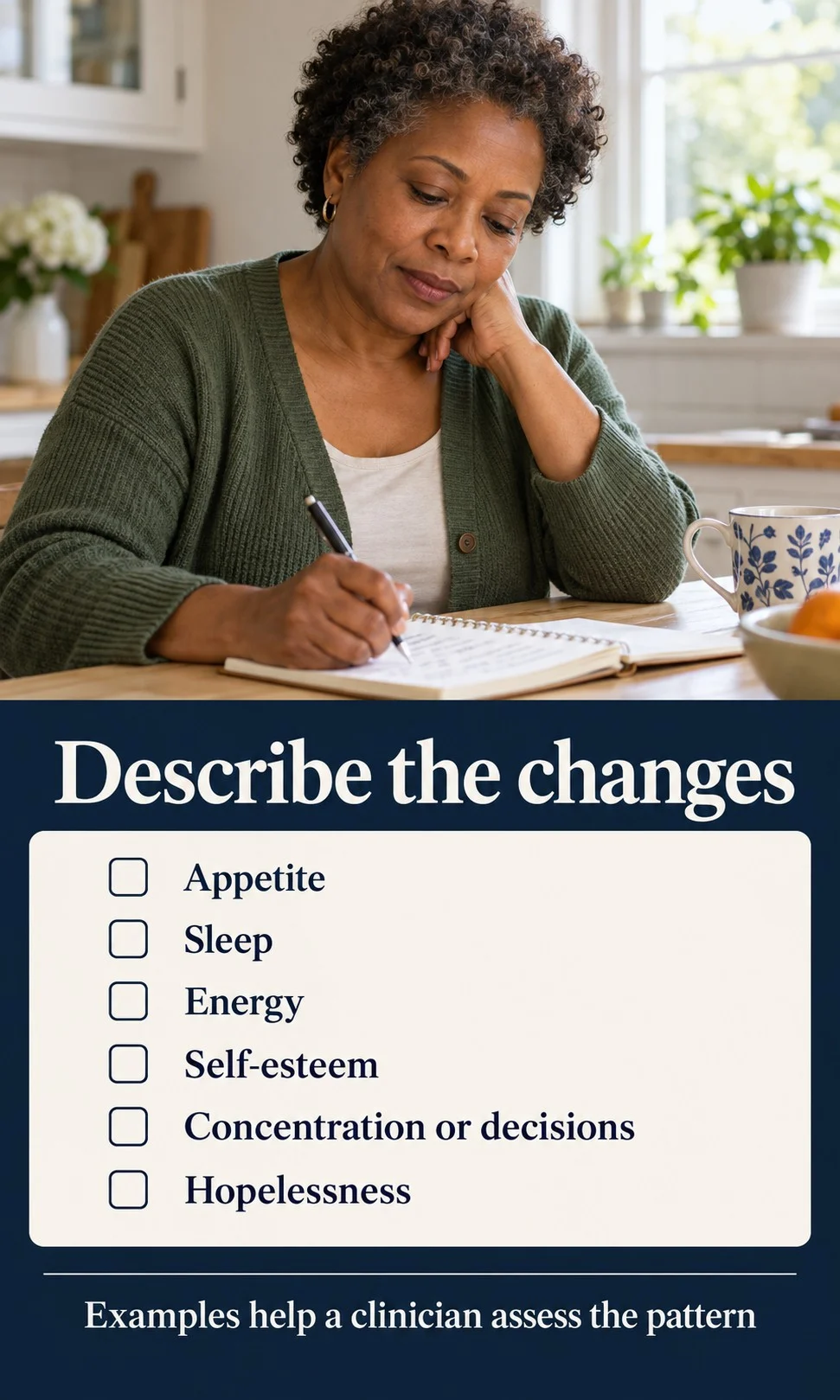 A woman records changes in sleep, appetite, energy, self-esteem, concentration, and hope.