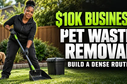 Pet waste removal operator holding collection equipment beside a headline about starting with $10k.