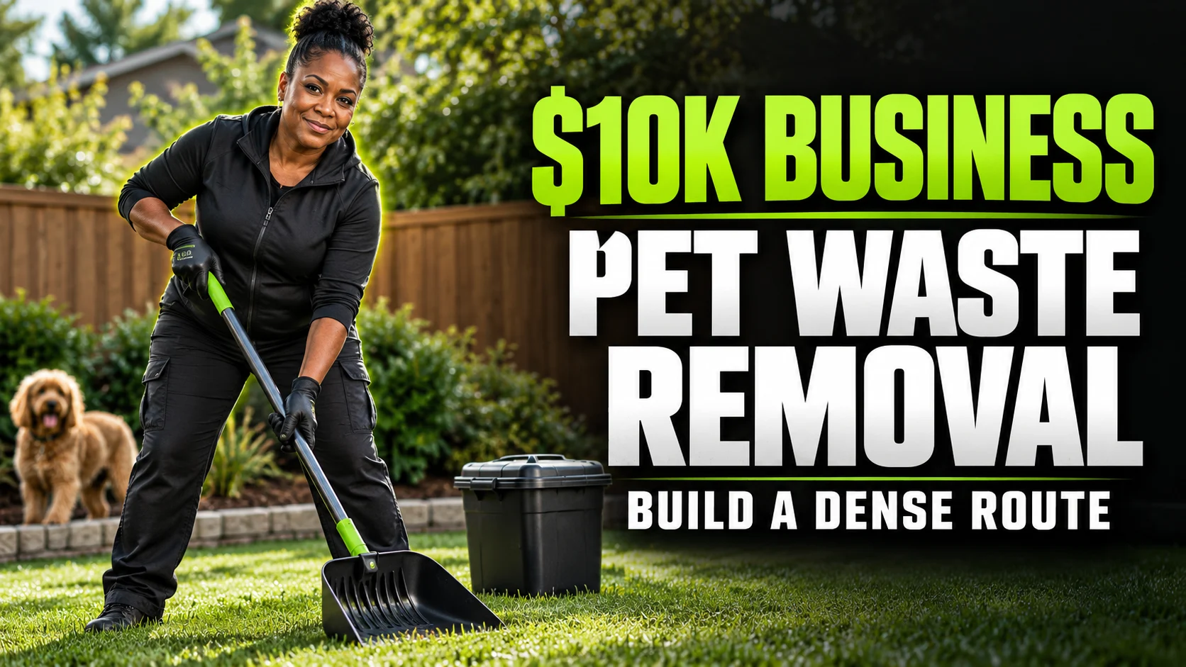 Pet waste removal operator holding collection equipment beside a headline about starting with $10k.