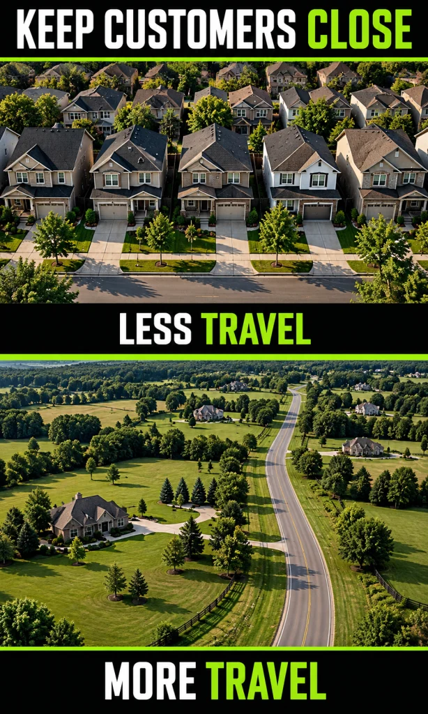 Two neighborhood street views contrasting nearby houses with longer distances between stops.