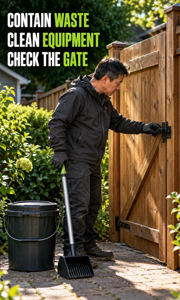 Gloved worker checking a closed yard gate beside sealed collection equipment.