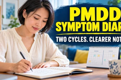 Woman writing a symptom diary beside a two-cycle PMDD diary headline.
