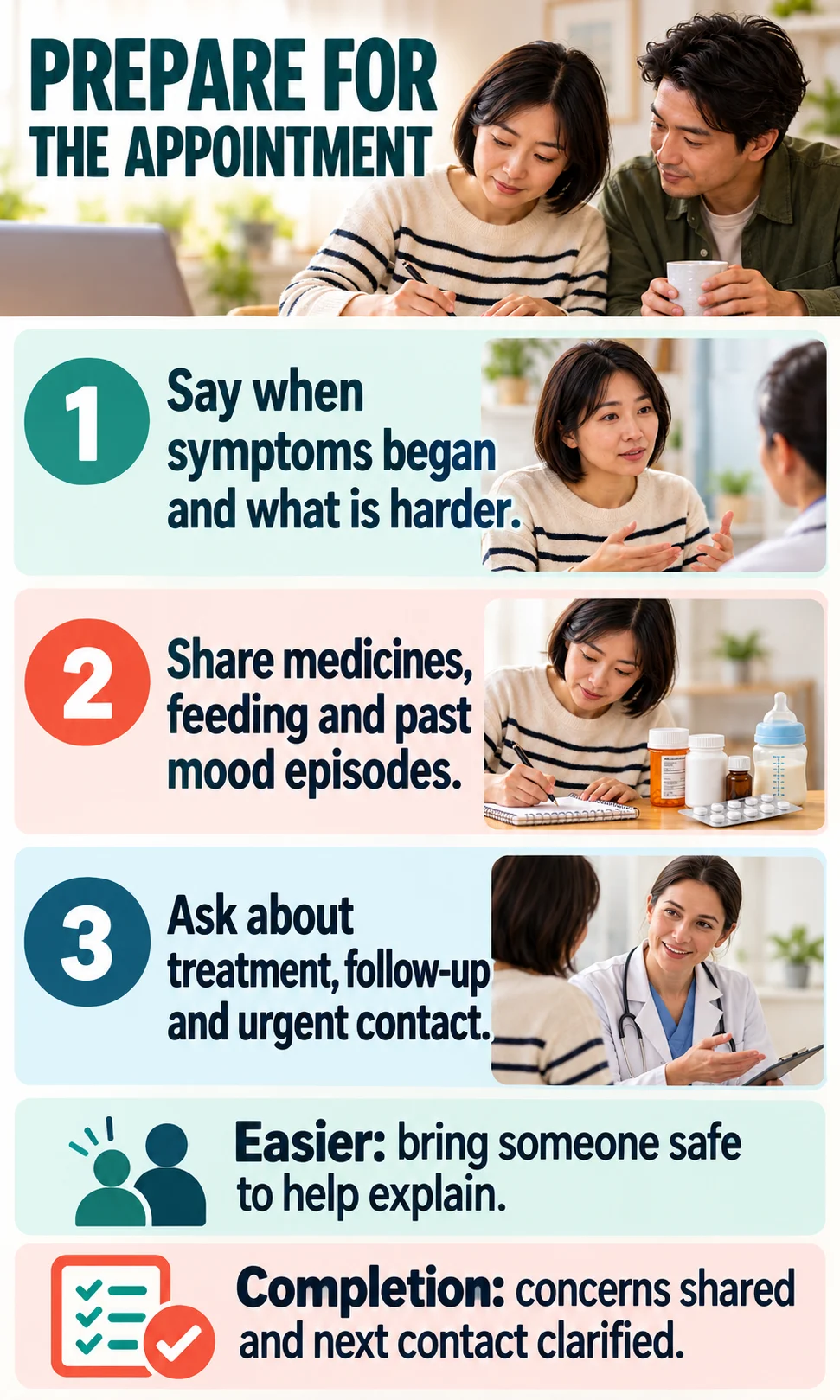 Prepare for the appointment A parent prepares onset, daily impact, medicines, feeding and follow-up questions.