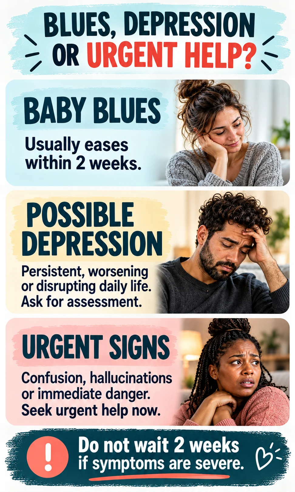Baby blues, depression and urgent signs Three cards compare short-lived baby blues, possible depression and urgent warning signs.