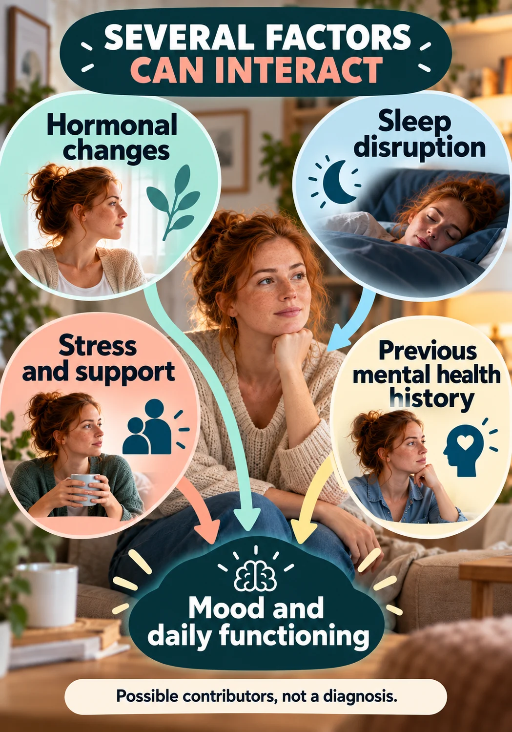 Possible contributors after childbirth Hormones, sleep, stress and mental health history connect to mood and daily functioning.