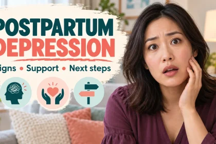 An original parent with a concerned expression beside a postpartum depression headline.