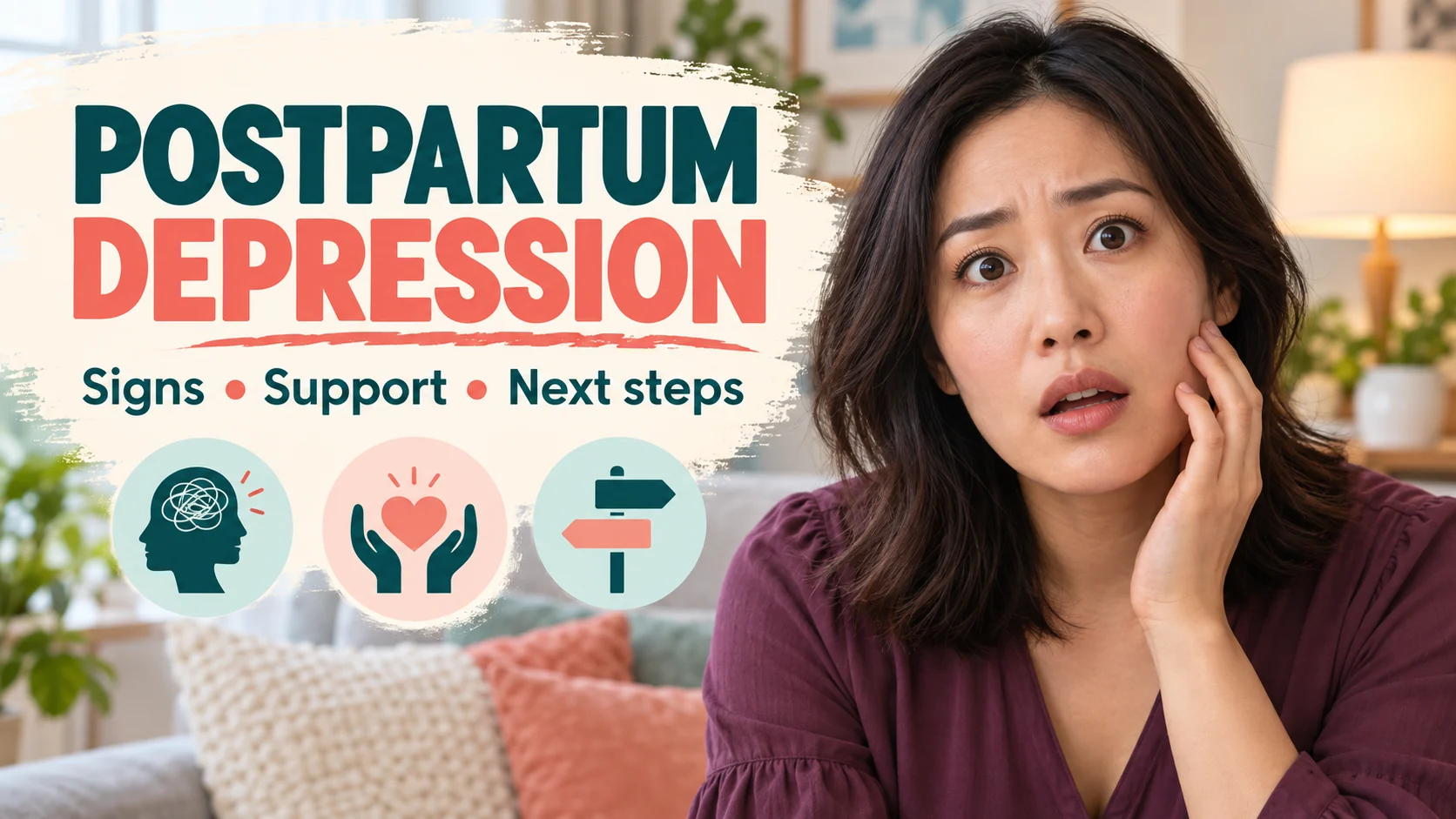 An original parent with a concerned expression beside a postpartum depression headline.