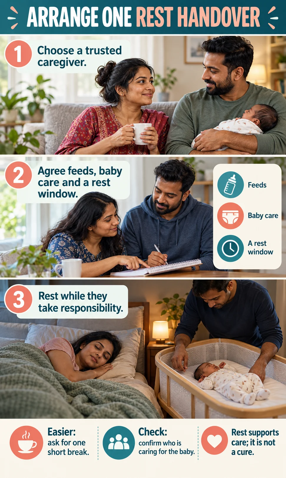 Arrange one rest handover A parent chooses a trusted caregiver, agrees baby care and takes a rest break.