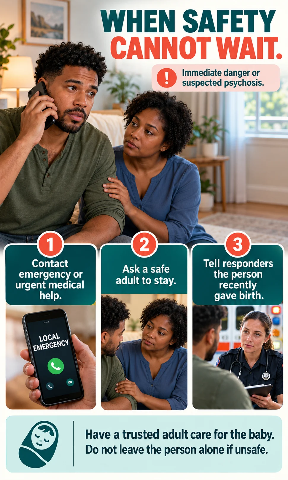 When safety cannot wait A supporter contacts urgent help, stays with the parent and explains recent childbirth.