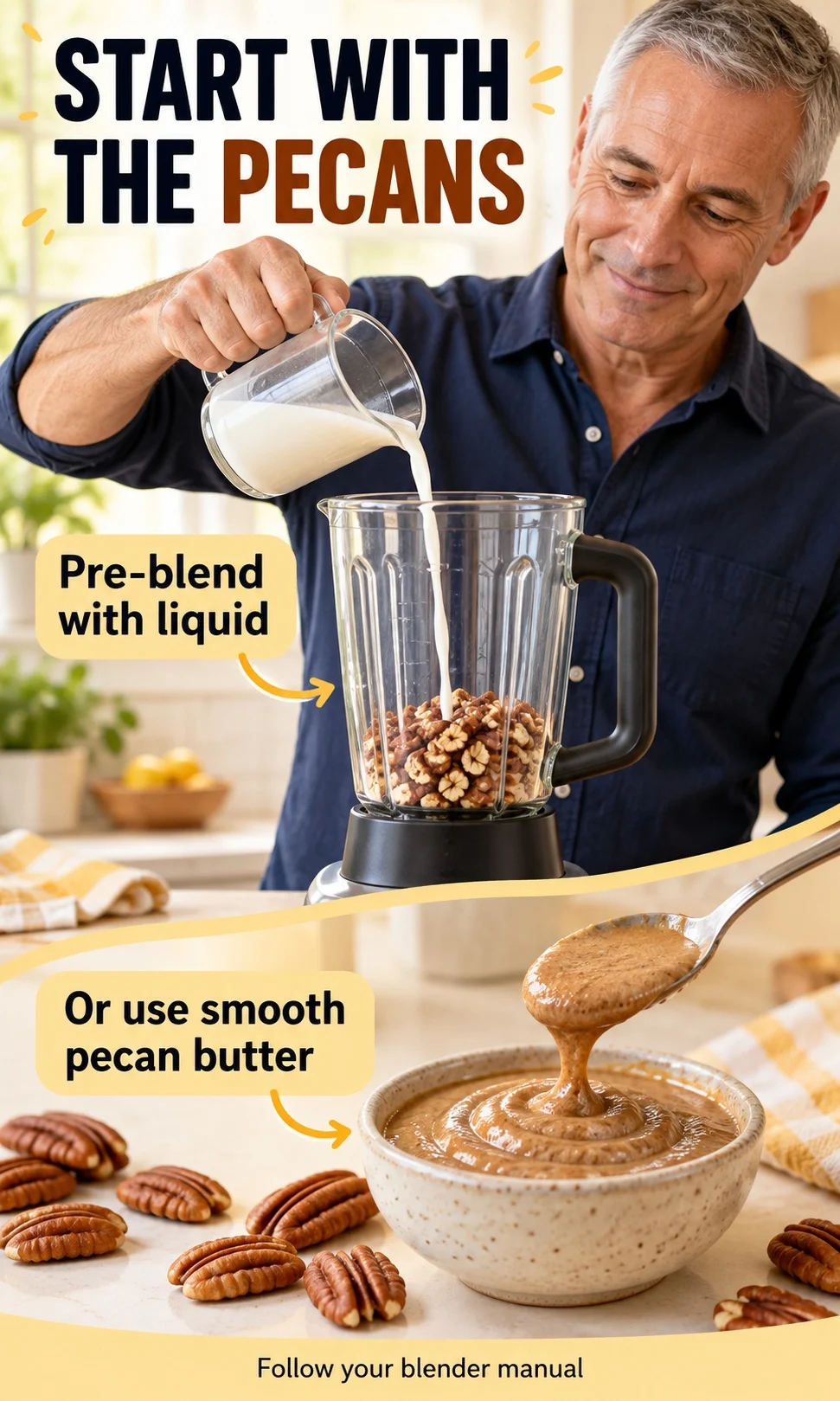 Home cook adding milk to chopped pecans before blending, with smooth pecan butter as an alternative.