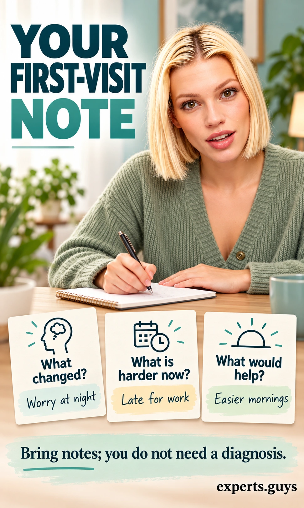 Woman writes a note with three prompts: what changed, what is harder now, and what would help.