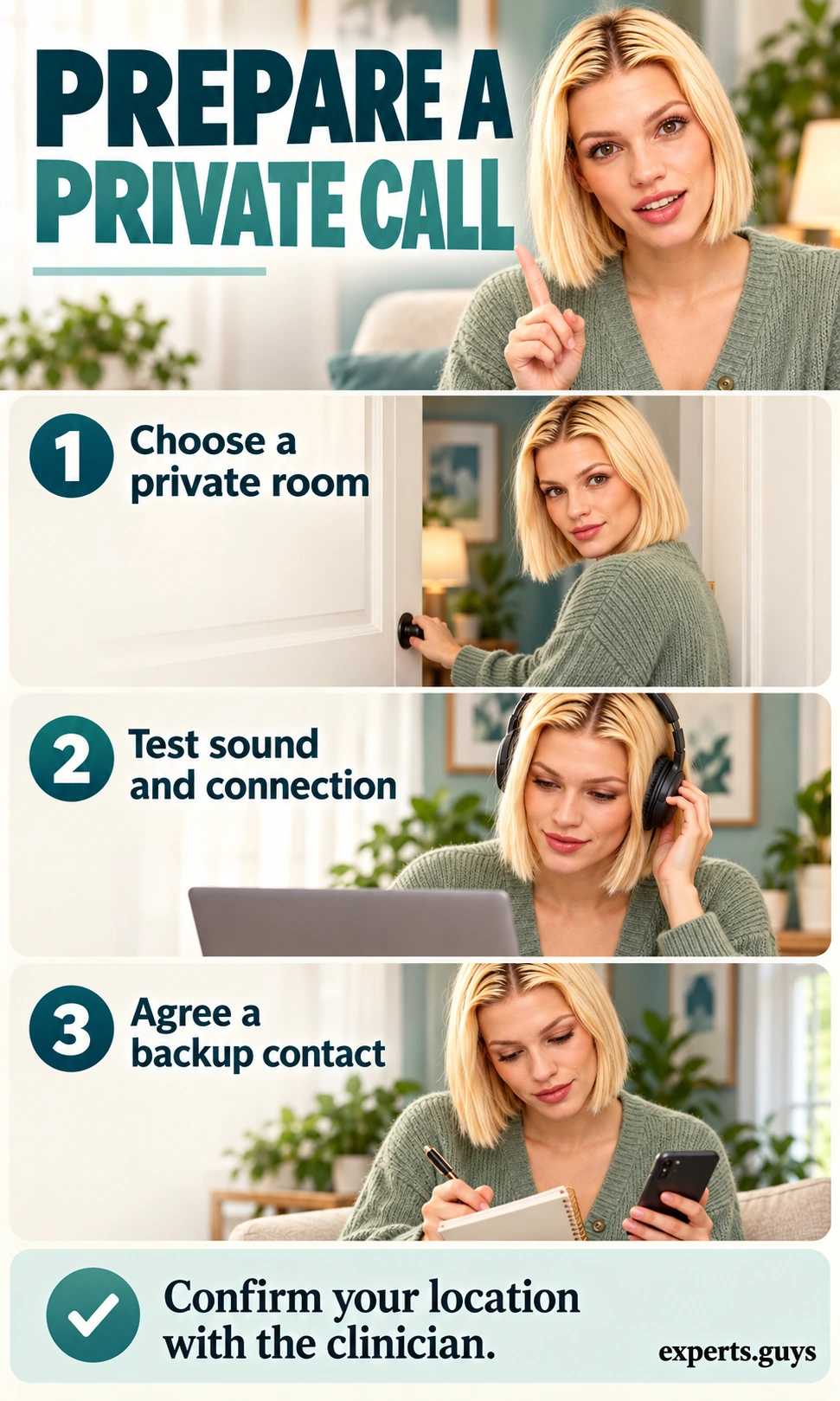 Woman closes a room door, tests a laptop and headphones, and writes down a backup contact for an online session.