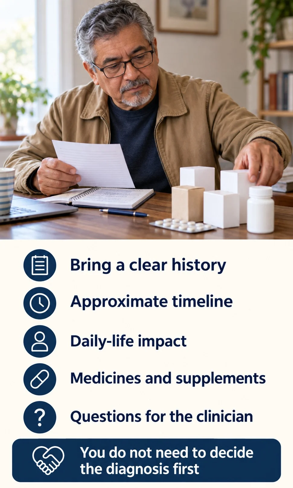A man prepares appointment notes about symptoms, daily impact, medicines, and questions.