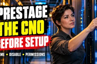 Administrator beside server racks with a headline about prestaging the CNO before setup.