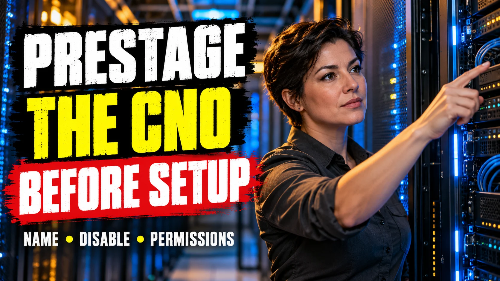 Administrator beside server racks with a headline about prestaging the CNO before setup.