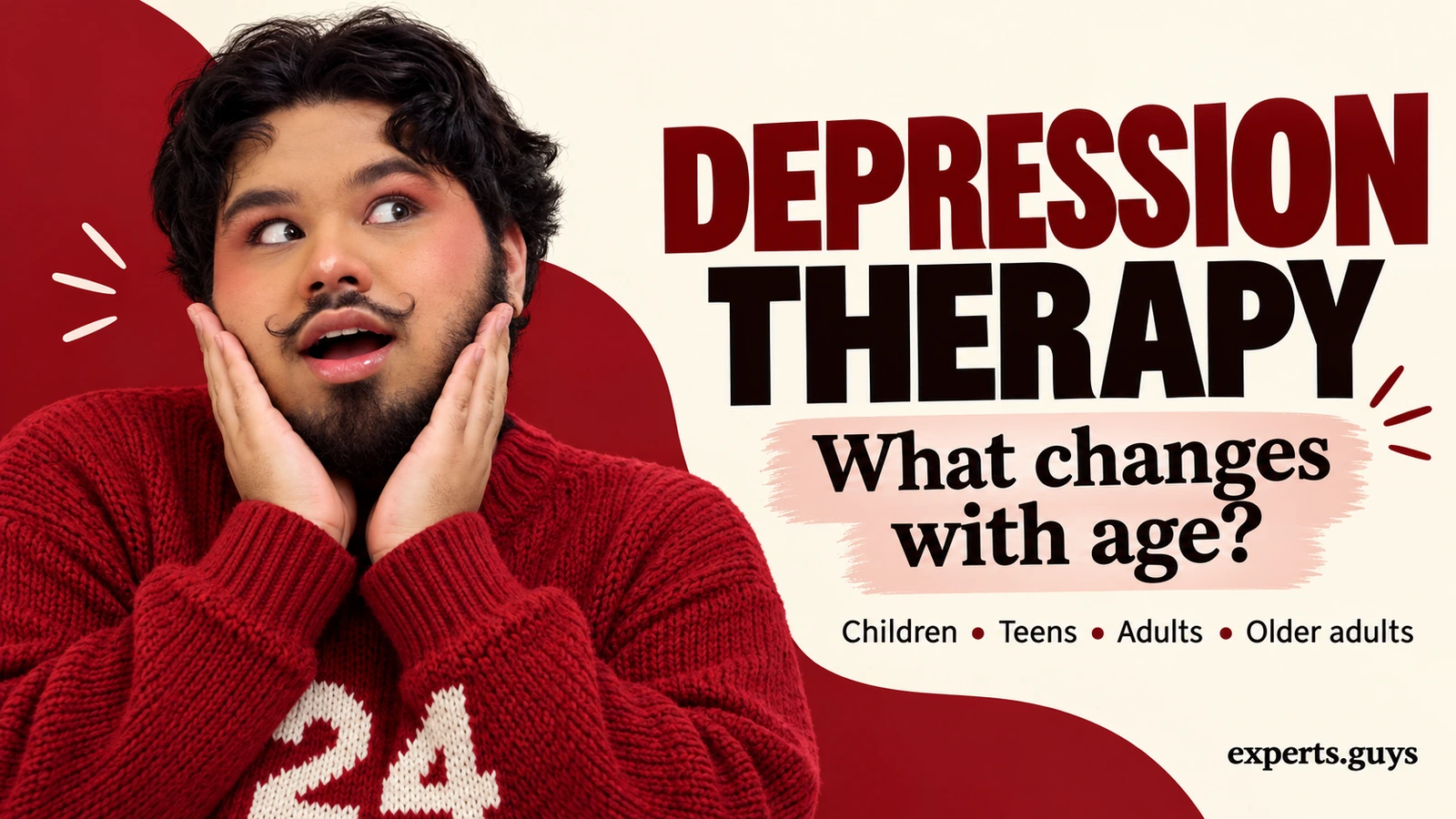 An adult in a red numbered winter sweater introduces how depression therapy changes with age.