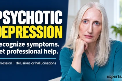 Silver-haired woman beside a definition of psychotic depression and a prompt to get professional help.